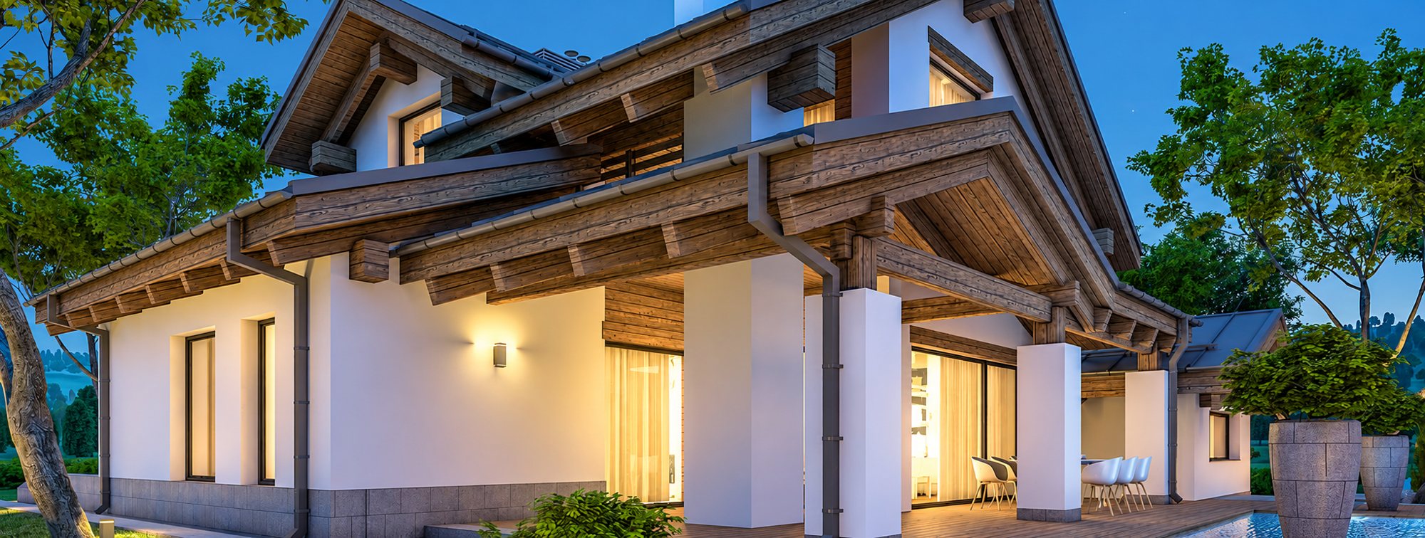 Maison moderne à charpente apparente en bois illuminée au crépuscule